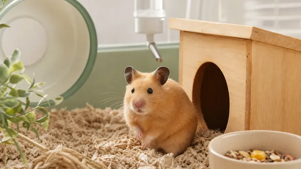広めのケージで巣箱の近くに座るゴールデンハムスター