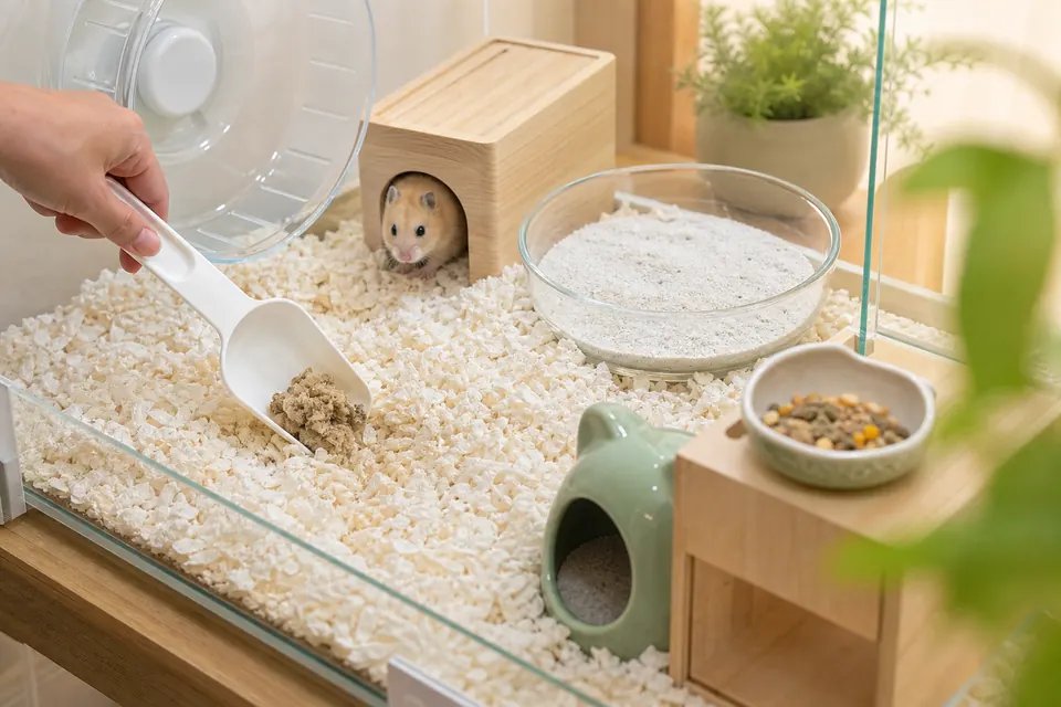 紙床材の濡れた部分をスコップで取り除きながらハムスターのケージを掃除する様子