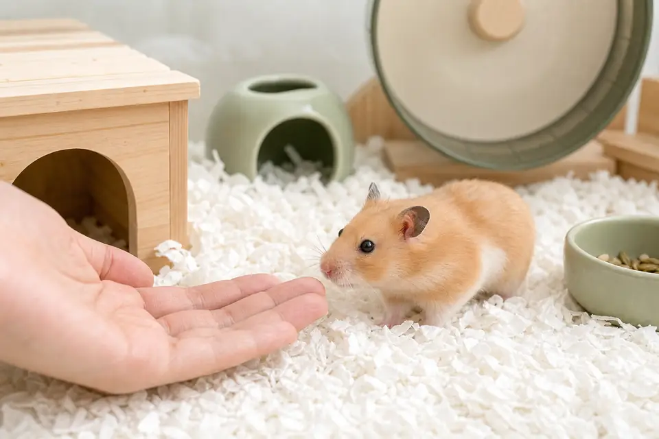 紙製床材の上で低く置かれた手のにおいを確認するゴールデンハムスター