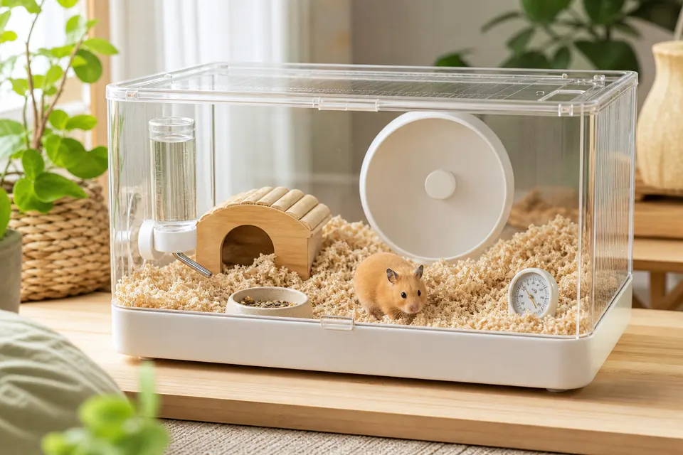 床材、巣箱、回し車、給水器、温度計を整えた広めのハムスターケージ