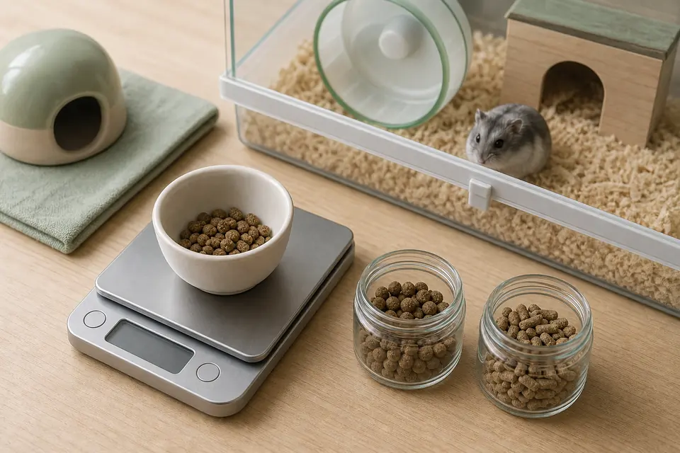 キッチンスケールでハムスター用ペレットを量り、新旧二種類の粒を分けて準備する様子