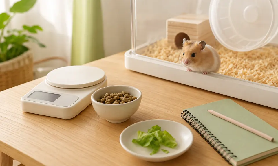 ペレットと少量の野菜を小皿に分けて量を確認しているハムスターの食事準備