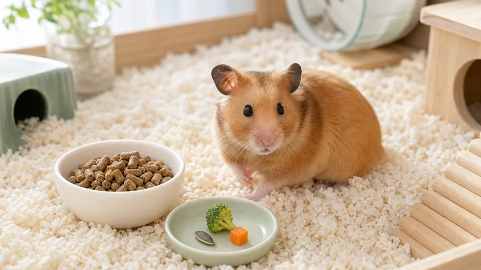 主食のペレットと少量のおやつを別の器に用意したハムスターの飼育環境