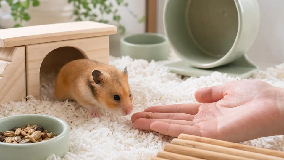 ケージ内に低く置いた手のひらへ自分から近づくゴールデンハムスター