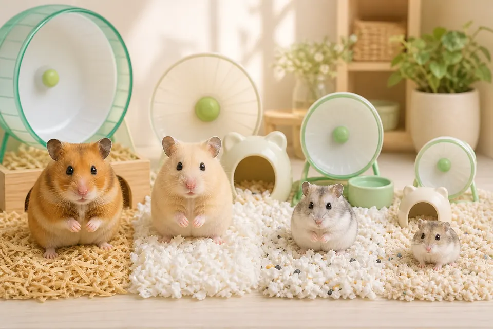 ゴールデン、キンクマ、ジャンガリアン、ロボロフスキーの体格差を比較しやすい飼育環境のイメージ