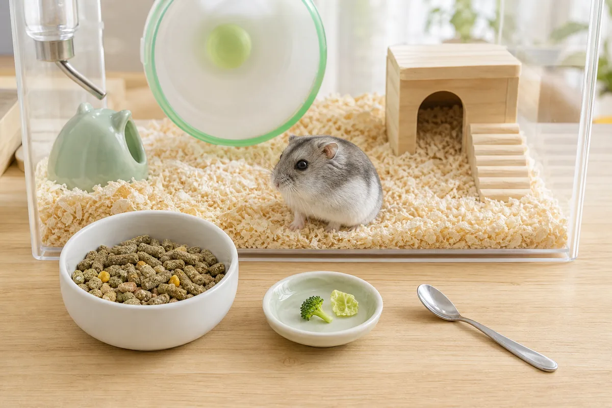 主食ペレットの横に爪先ほどのブロッコリーとキャベツを別皿で用意した例