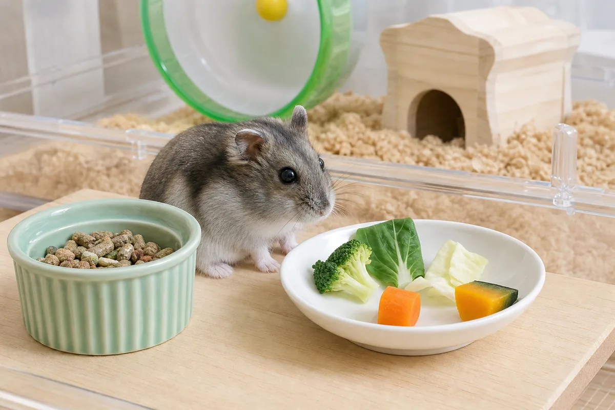 主食ペレットと少量の野菜を別皿で用意したジャンガリアンハムスターの食事環境