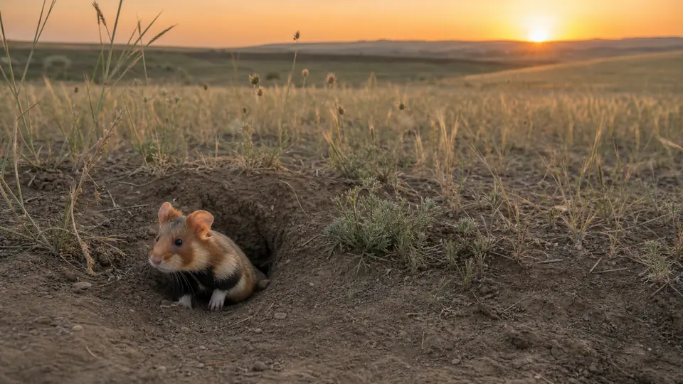 乾いた草原の巣穴から夕暮れ時に姿を見せる野生のゴールデンハムスター